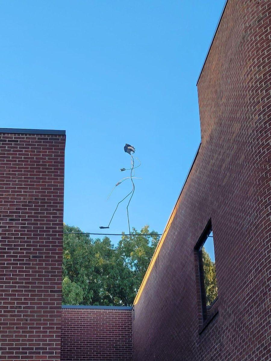 The tightrope walker on top of the College of Nursing building.