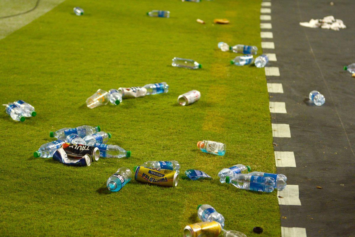 A mixture of beer cans, water bottles, pizza boxes and other miscellaneous items were thrown on the field after a controversial call late in the fourth quarter against Ole Miss in Neyland Stadium on Saturday Oct. 16, 2021.