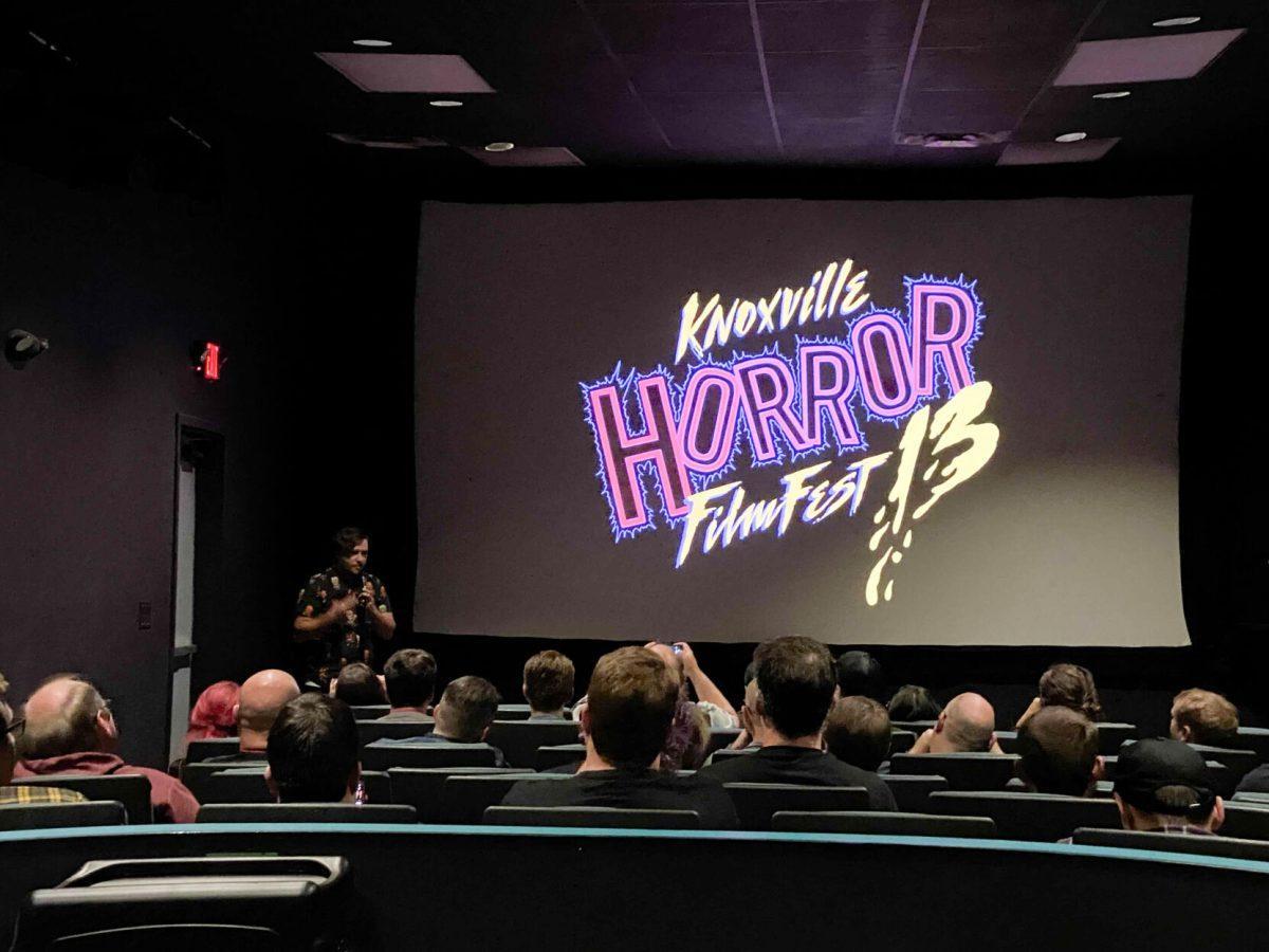 Inside of Central Cinema on Saturday Oct. 23, 2021 during the annual Knoxville Horror Film Fest. Co-owner of Central Cinema and director of the festival, William Mahaffey, pictured on stage.