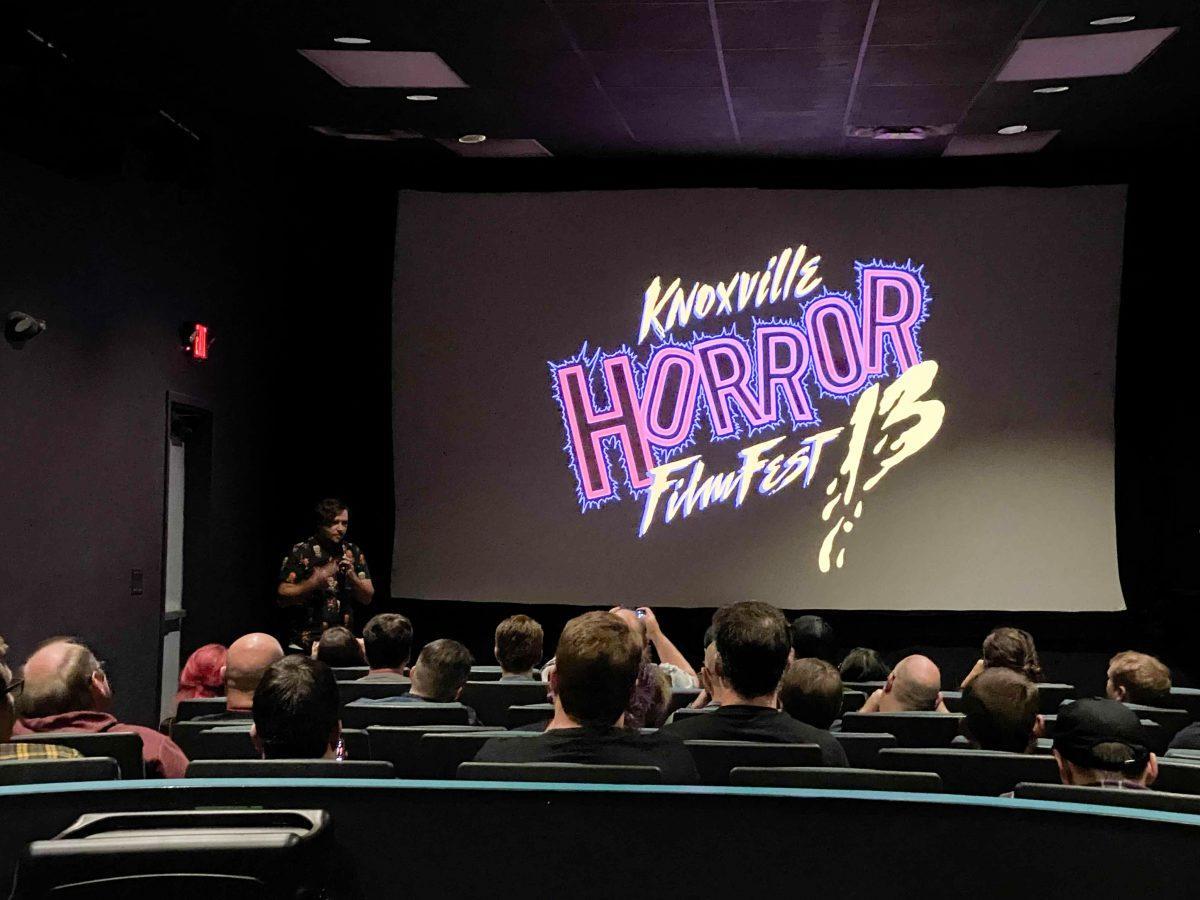 Inside of Central Cinema on Saturday Oct. 23, 2021 during the annual Knoxville Horror Film Fest. Co-owner of Central Cinema and director of the festival, William Mahaffey, pictured on stage.