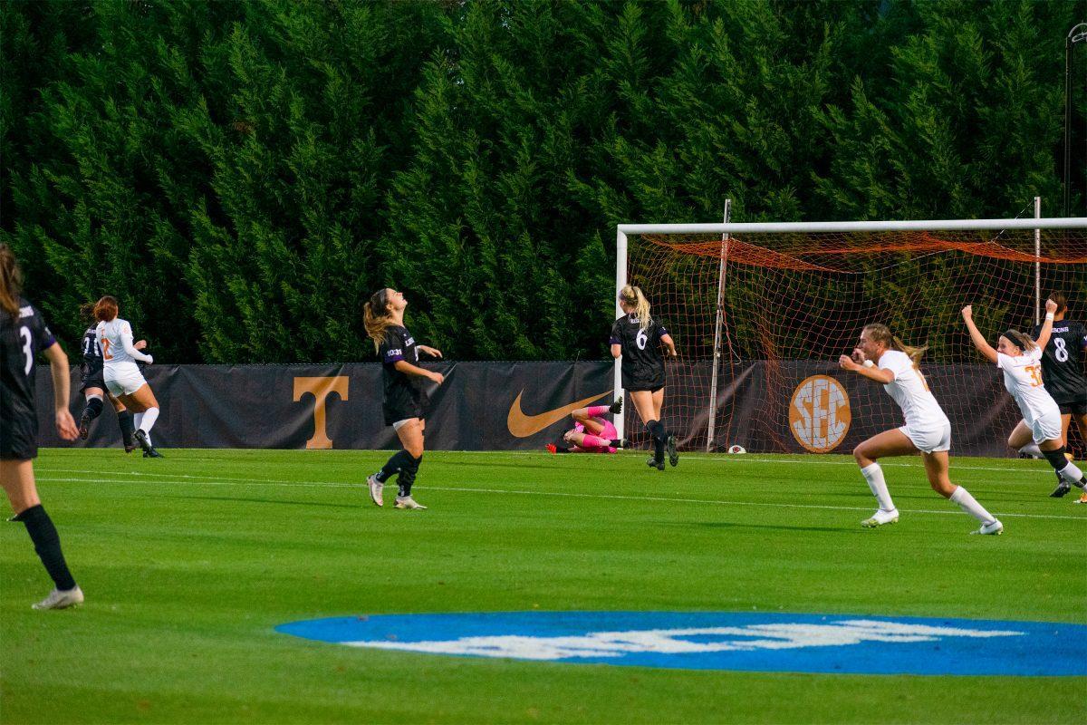 Lady Vols Taylor Huff (13) and Brooke Wilson (32) celebrating after a goal by Abbey Burdette. At Regal Stadium in Knoxville, Tenn. Friday, November 12, 2021