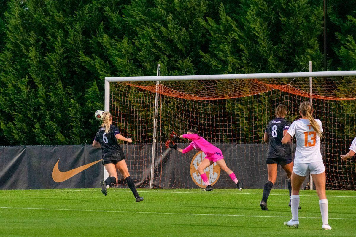 Taylor Huff (13) watches as a shot by teammate Abbey Burdette (3) finds the back of the net against Lipscomb at Regal Stadium in Knoxville, Tenn. Friday, November 12, 2021.