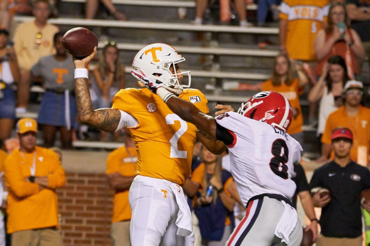 Jarrett Guarantano, #2, prepares to throw a pass at the Georgia SEC football game at Neyland Stadium on Saturday, October 5, 2019. 
