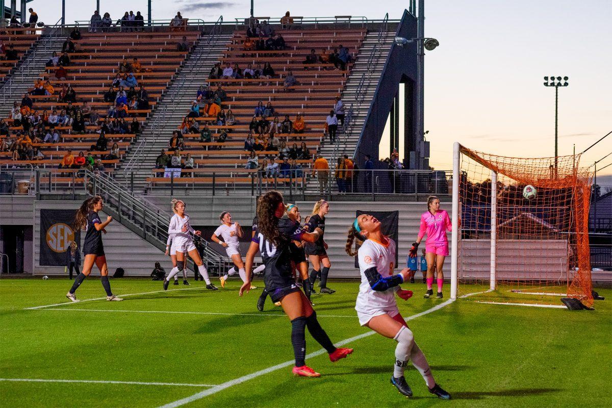 Tara Katz (8) in disbelief after her cross hits the side netting against Lipscomb, at Regal Stadium in Knoxville, Tenn. Friday, November 12, 2021. 