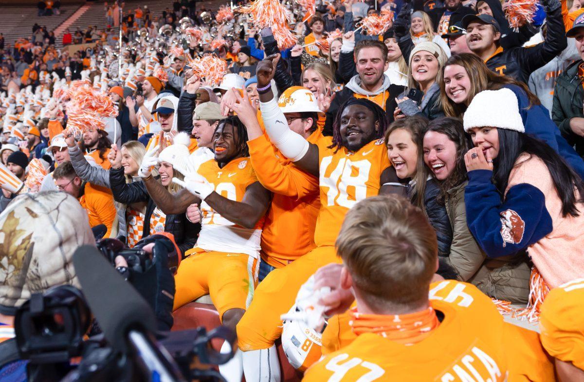 Volunteers Jaylen Wright (20) and Ja'Quain Blakley (48) celebrates with the crowd after the Tennessee vs Vanderbilt football game on Nov. 27, 2021 in Neyland Stadium, Knoxville, TN.