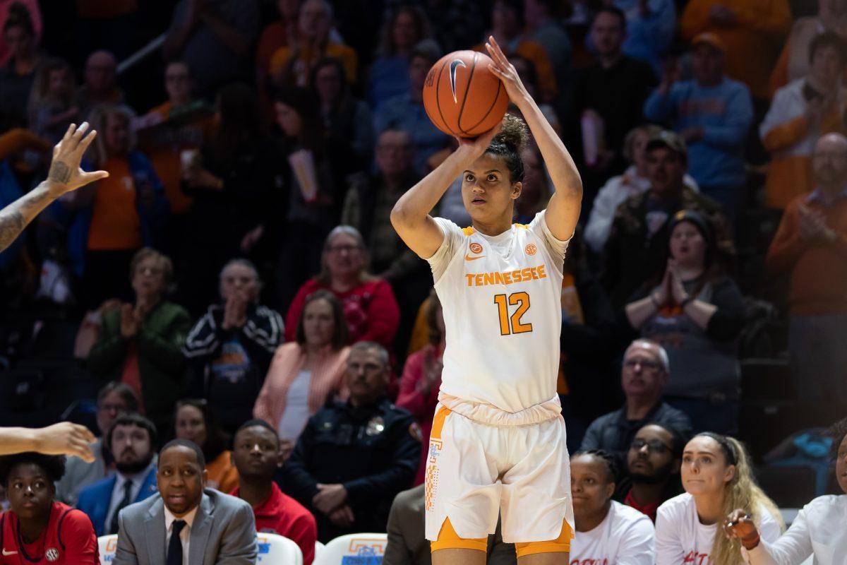 Rae Burrell, No. 12, shooting a three pointer in the first quarter against Ole Miss on Feb. 27, 2020 in Thompson-Boling Arena.