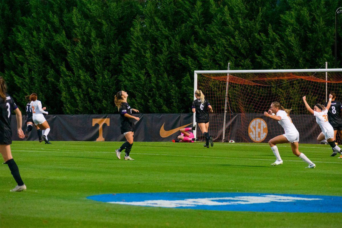 Lady Vols Taylor Huff (13) and Brooke Wilson (32) celebrating after a goal by Abbey Burdette. At Regal Stadium in Knoxville, Tenn. Friday, November 12, 2021