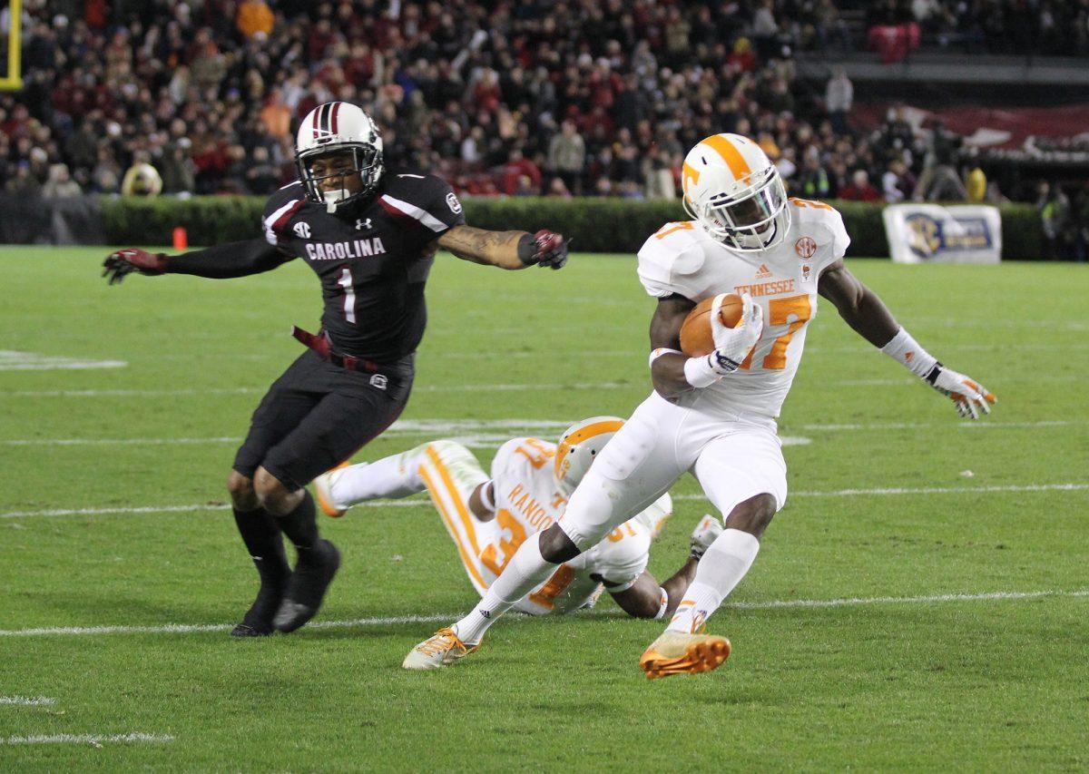 Senior cornerback Justin Coleman returns an interception during the Vols' 45-42 overtime victory over South Carolina on Nov. 1.