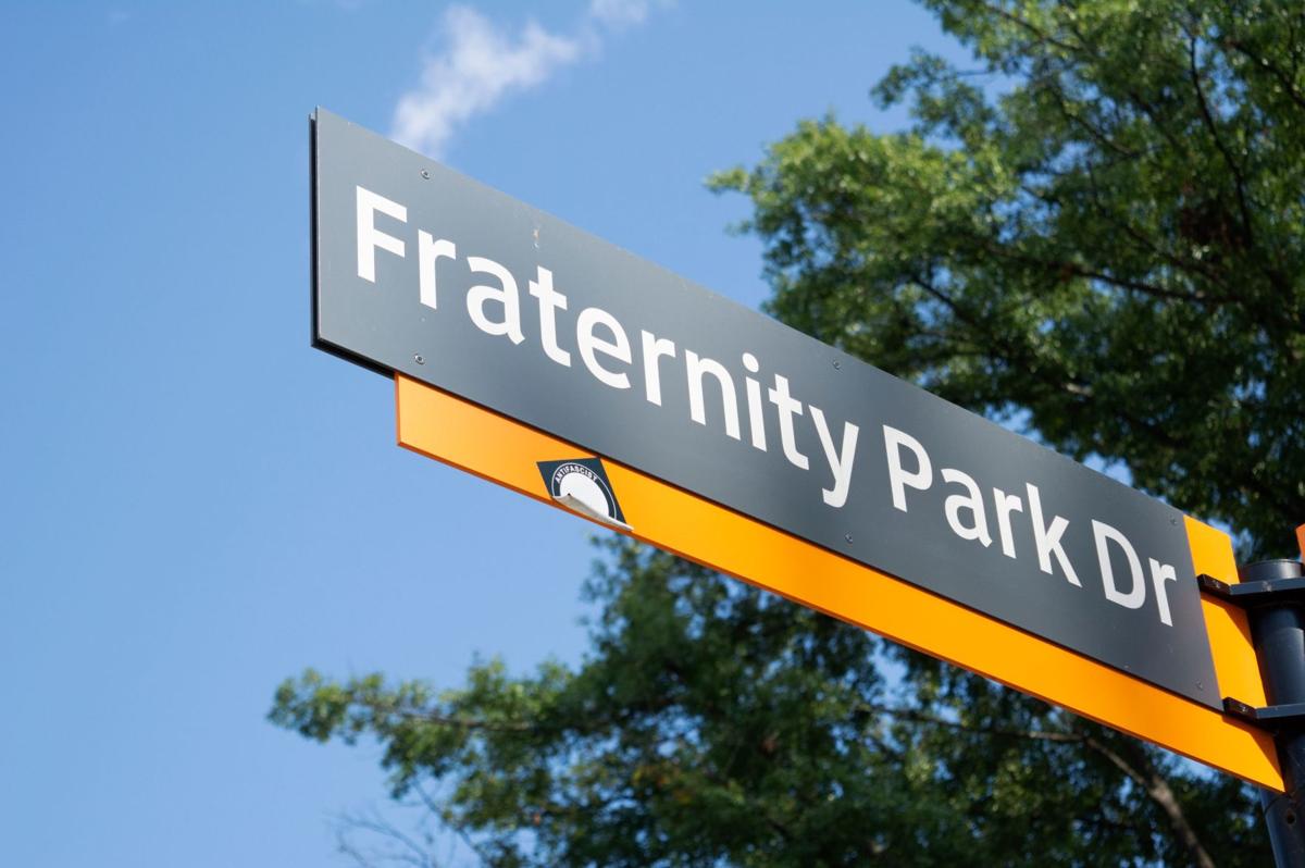 Fraternity Park Drive is lined with on-campus fraternity housing.