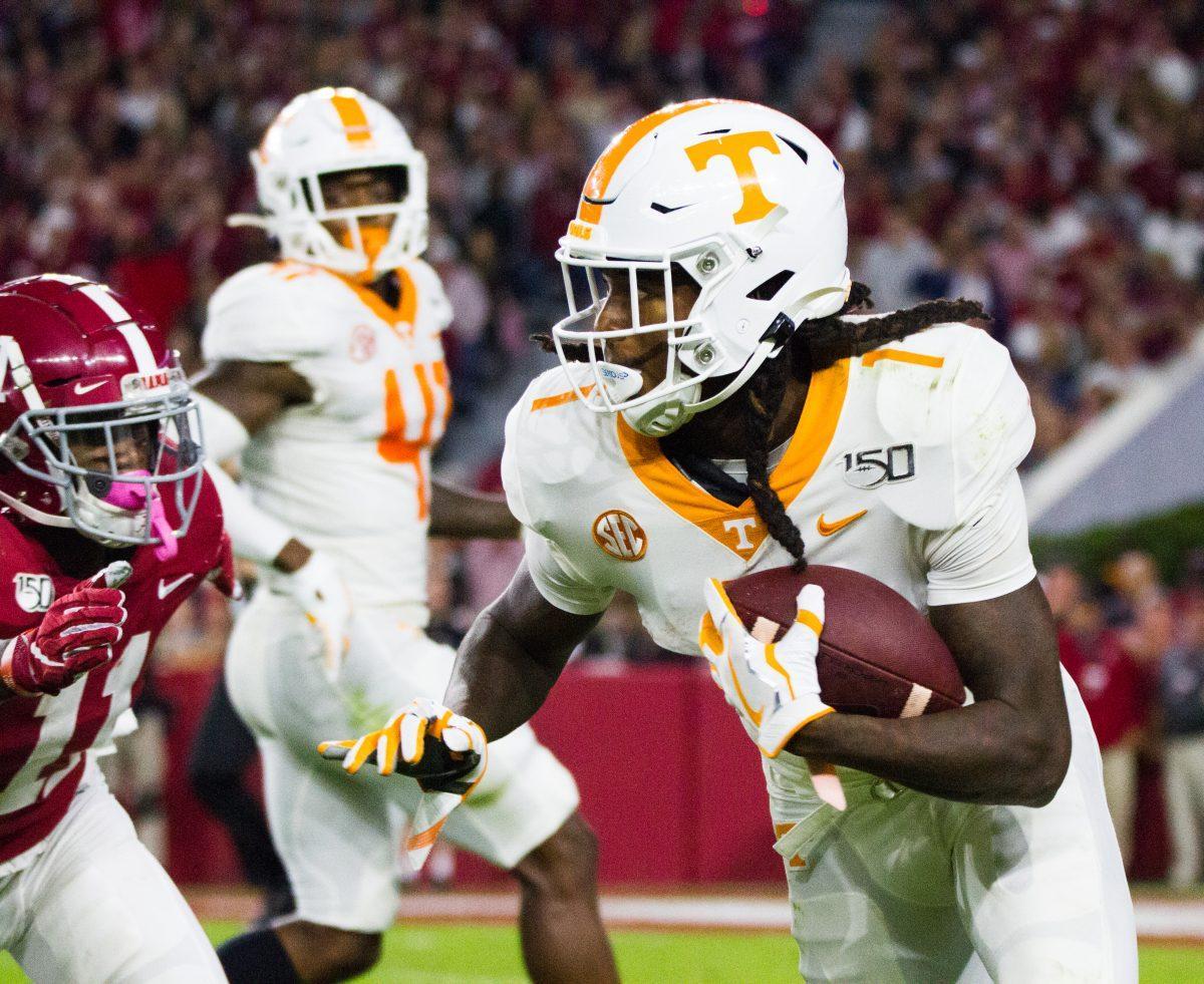 Marquez Callaway, #1, prepares to meet Alabama's defense during the game at Bryant-Denny Stadium on Saturday, Oct.19, 2019.