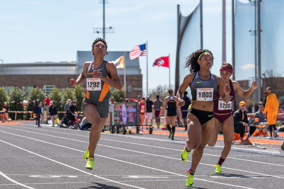 FILE - Shania Collins in the 100 meter dash during the Tennessee Relays at Tom Black track on April 7, 2017.