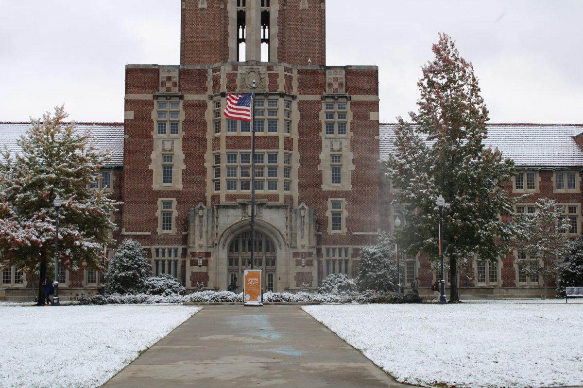 Snow covers the ground in front of Ayres on the University of Tennessee, Knoxville's campus on Tuesday, November 12, 2019.