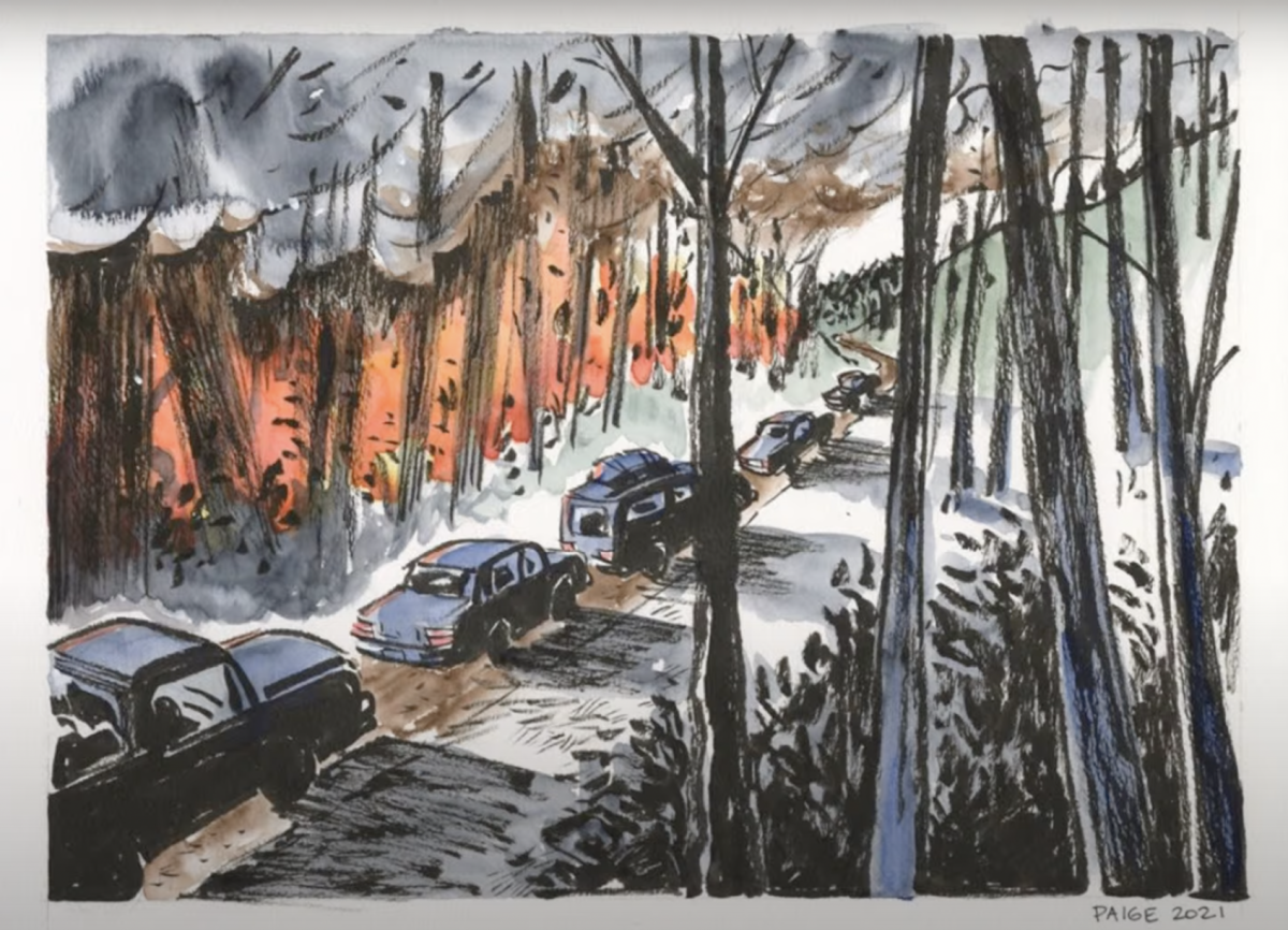 An illustration created by UT alumna and artist Paige Braddock in response to an image from the 2016 Smoky Mountain wildfires.
 
