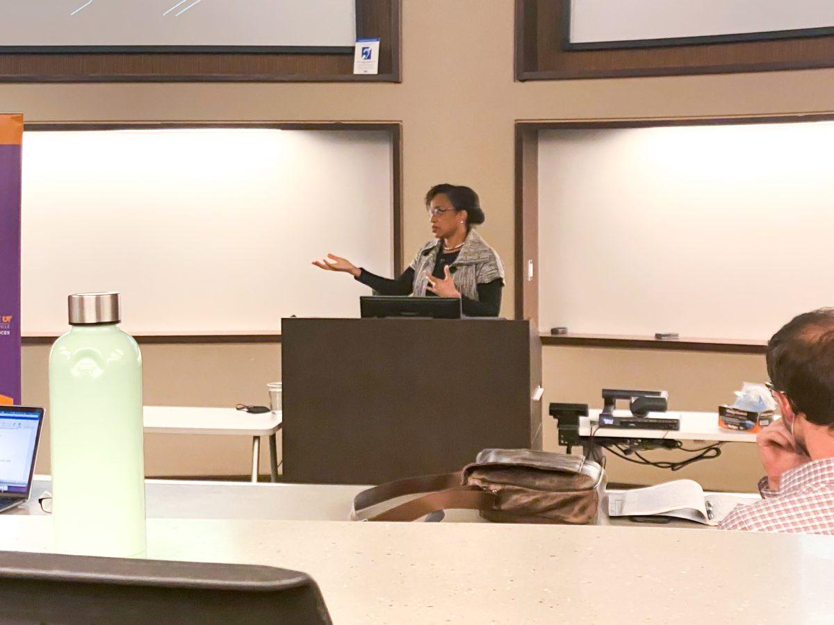 Marla Frederick, professor at Emory University, gives a speech in Strong Hall on Thursday Feb. 11, 2022 titled "The Schools of Former Slaves and the Schools of Former Slave Owners: Religion, Race and the Struggle for Education."