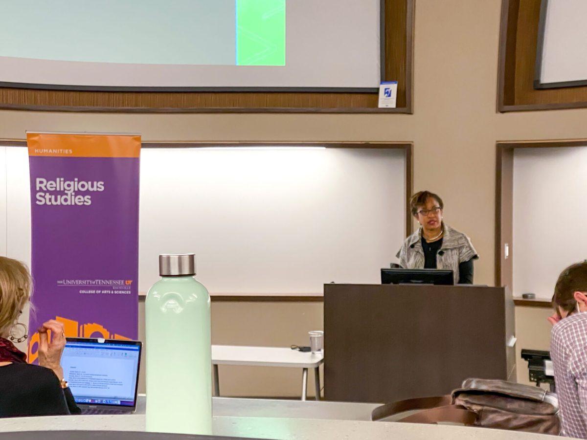 Marla Frederick, professor at Emory University, gives a speech in Strong Hall on Thursday Feb. 11, 2022 titled "The Schools of Former Slaves and the Schools of Former Slave Owners: Religion, Race and the Struggle for Education". 