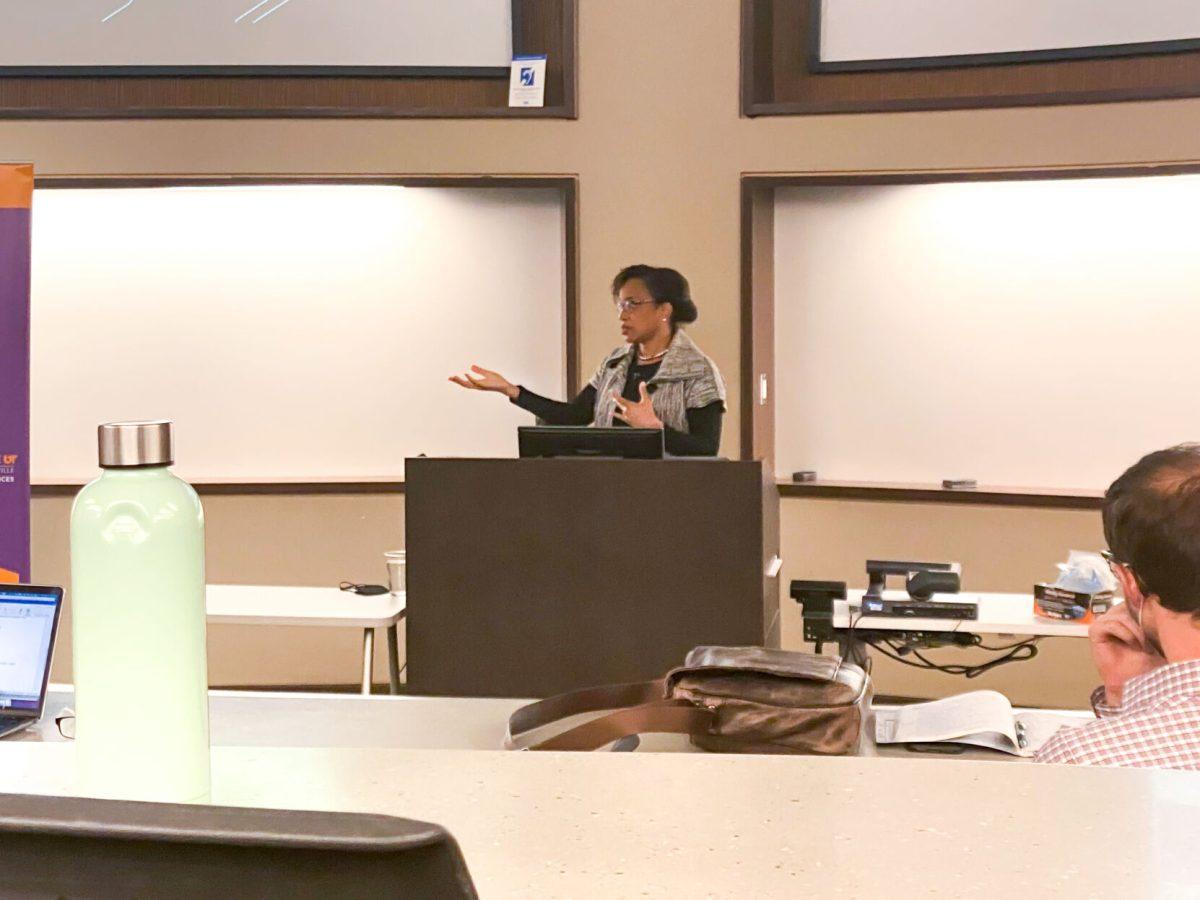 Marla Frederick, professor at Emory University, gives a speech in Strong Hall on Thursday Feb. 11, 2022 titled "The Schools of Former Slaves and the Schools of Former Slave Owners: Religion, Race and the Struggle for Education."