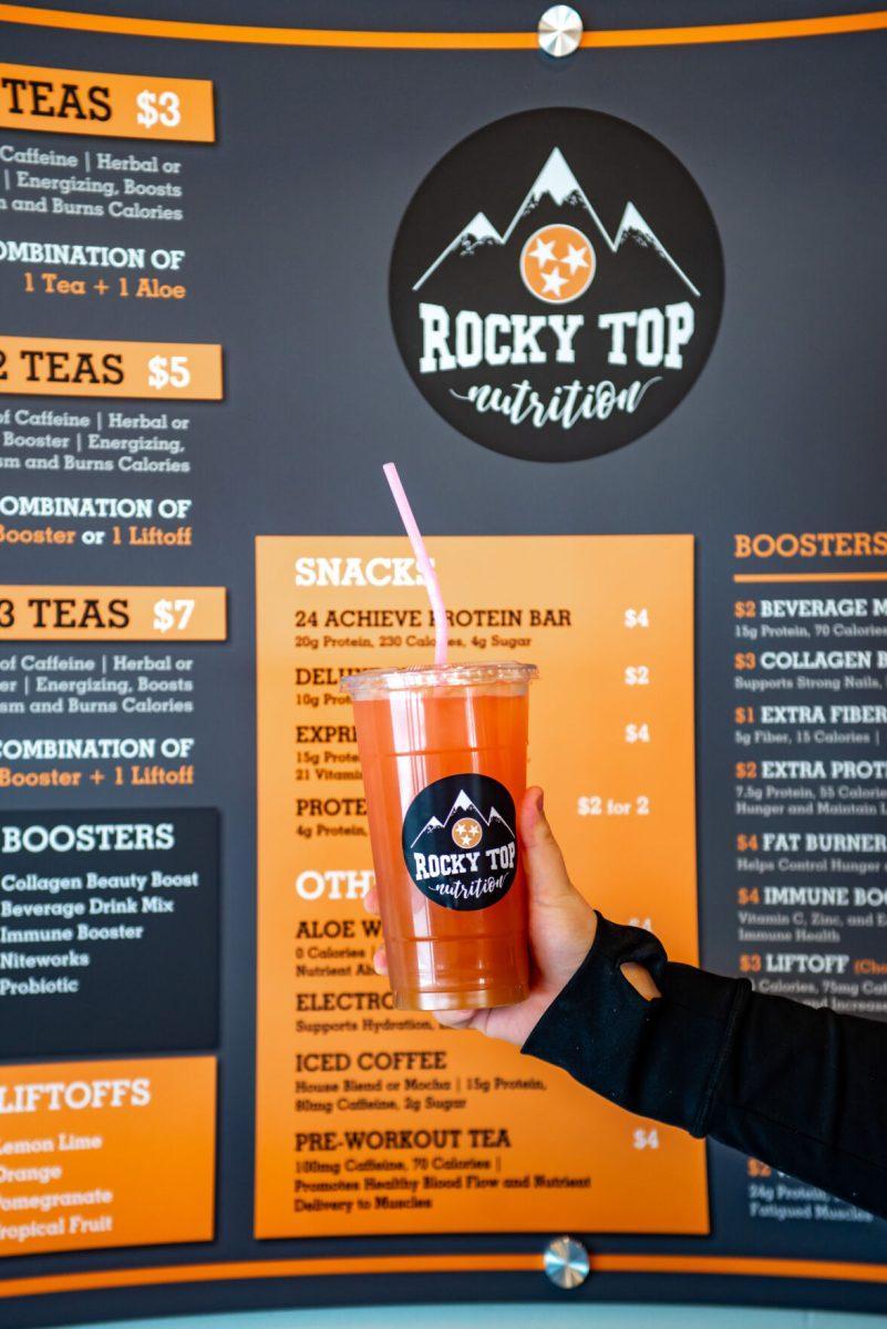 A strawberry lemonade tea is highlighted in front of the Rocky Top Nutrition menu in Knoxville on Wednesday Mar. 16, 2022.