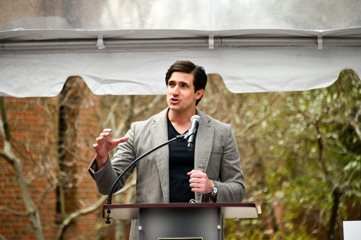 Dooley Tombras, president of the Tombras advertising agency, speaks at the dedication of the Tombras School of Advertising and Public Relations on March 25, 2022. 