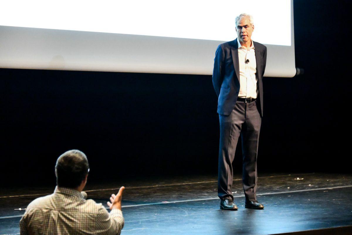 Dr. Jonathan Haidt responds to questions from members of the audience after his lecture in the Student Union Auditorium at UT. Thursday, March 31, 2022.
