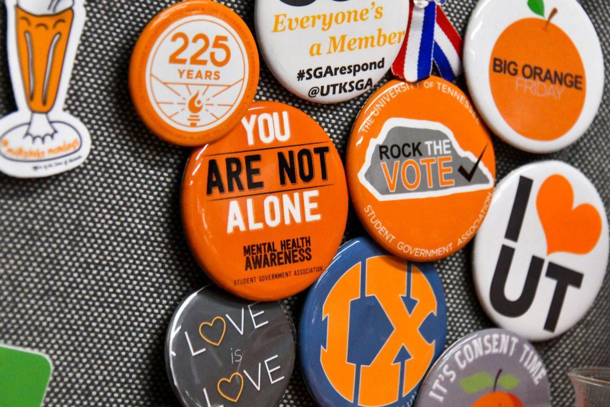 Buttons pinned to the wall in the SGA office in the Student Union, suite 174, giving students encouragement and UT pride. Monday Mar. 28, 2022.