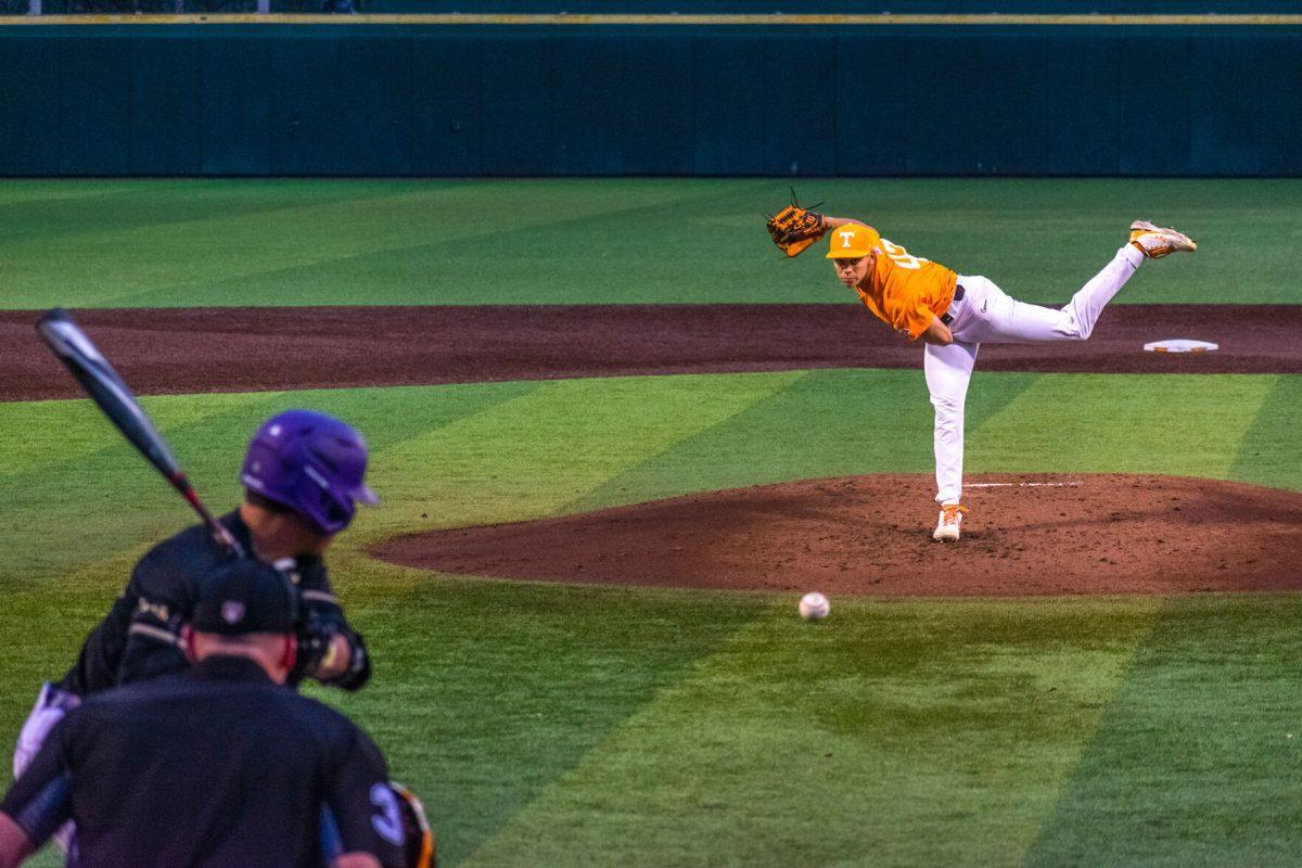 No. 42 Jake Fitzgibbons pitches against JMU at Lindsey Nelson Stadium. Wednesday, Mar 9, 2022.