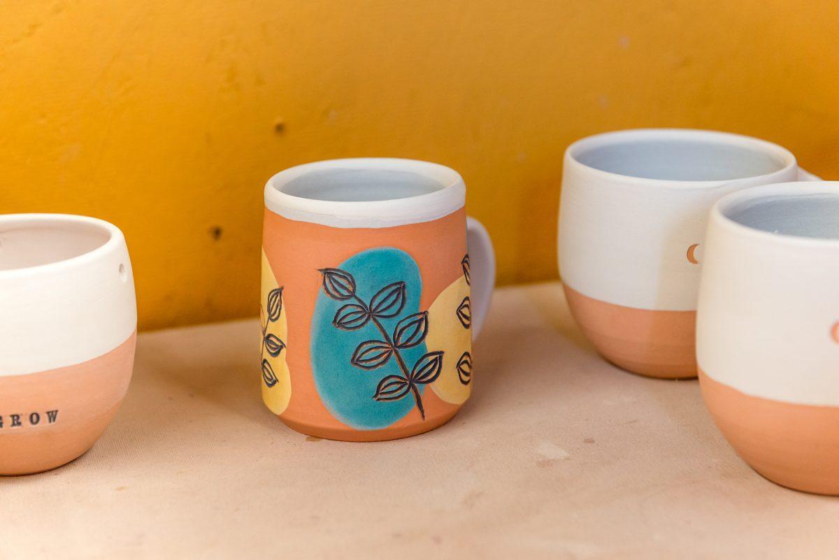 Mugs by local clay artist Stacy Shepanek in her studio at Mighty Mud in Knoxville, TN. Tuesday, Mar 8, 2022.