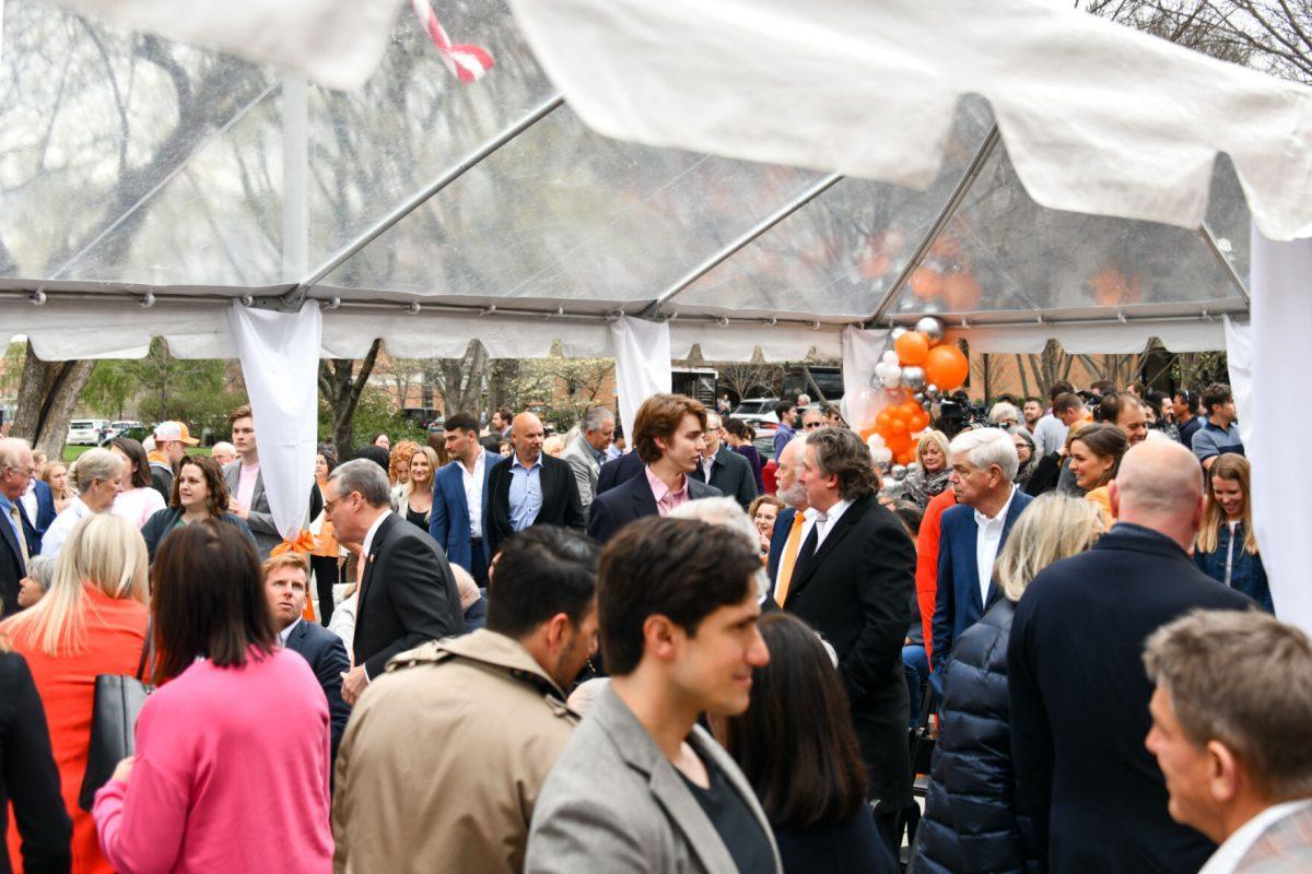 A crowd gathers for the dedication of UT's first named school, the Tombras School of Advertising and Public Relations, on March 25, 2022.