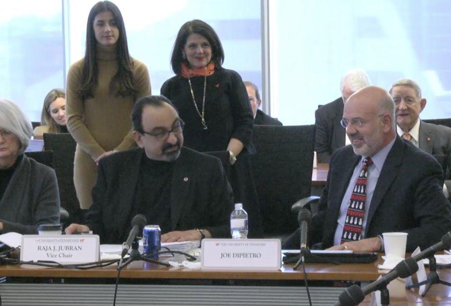 Former UT President Joe DiPietro (right) and the University of Tennessee Board of Trustees voted in Dec. 2016 to hire Beverly Davenport as the next chancellor of UT Knoxville. Davenport, standing center, attended the hearing in Nashville with her daughter. 