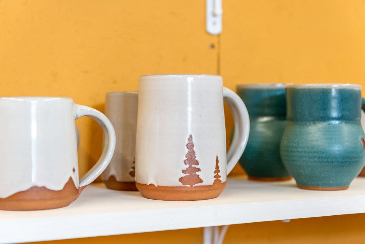 Mugs by local clay artist Stacy Shepanek in her studio at Mighty Mud in Knoxville, TN. Tuesday, Mar 8, 2022.