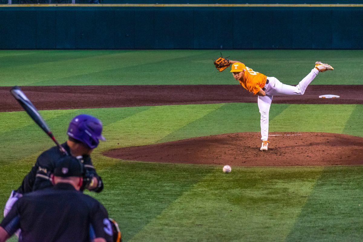No. 42 Jake Fitzgibbons pitches against JMU at Lindsey Nelson Stadium. Wednesday, Mar 9, 2022.