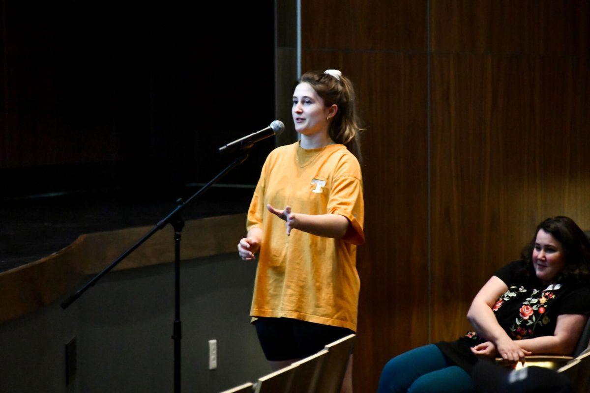 Dr. Jonathan Haidt responds to questions from members of the audience after his lecture in the Student Union Auditorium at UT. Thursday, March 31, 2022.