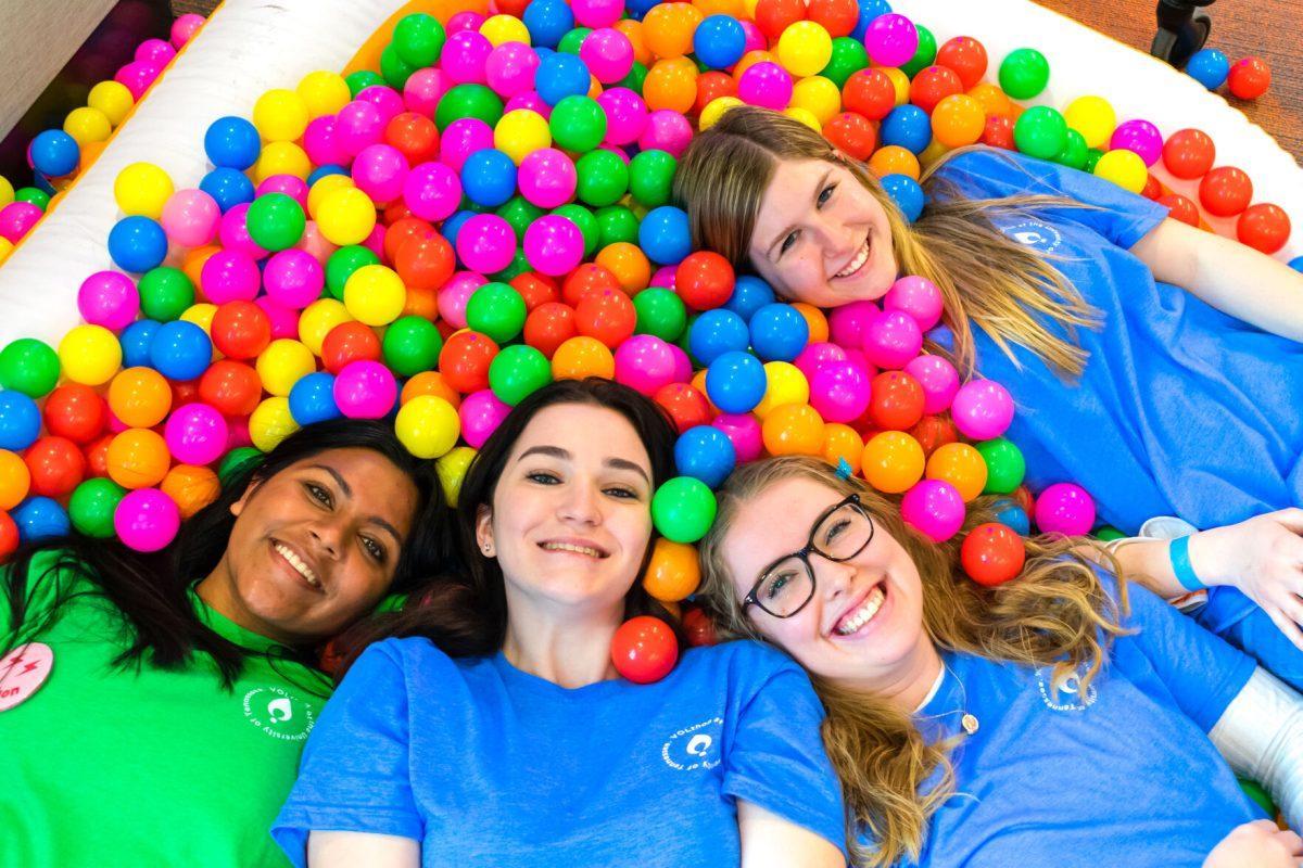 The Volthon game room in the Student Union where (left to right) Krina Patel, Megan Clancy, Ally Lowe, and Marybeth Plaster are taking a dance break to play in a ball pit during the Volthon event. Saturday Feb. 26, 2022.