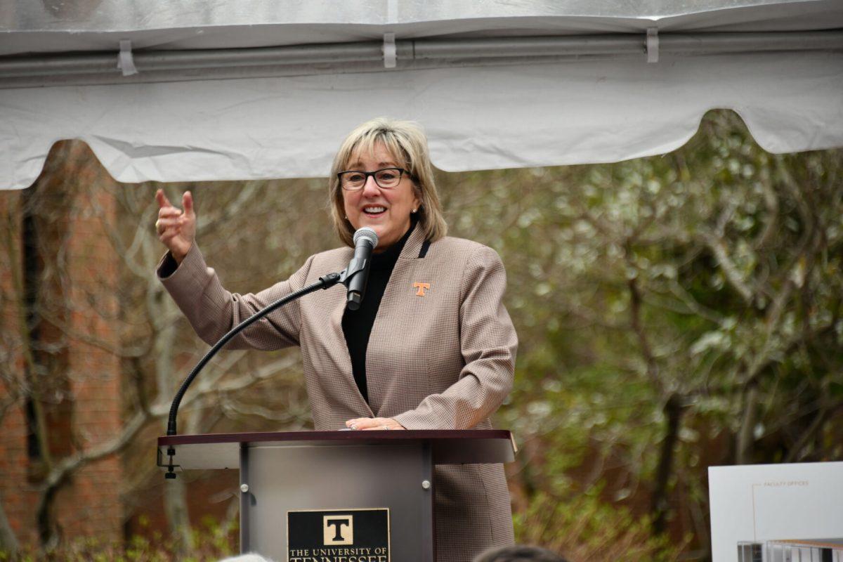 Chancellor Donde Plowman speaks at the dedication of the Tombras School of Advertising and Public Relations in Circle Park on March 25, 2022.
