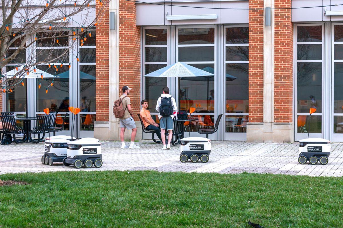 Starship Technologies launched its food delivery robot innovation on UT campus, allowing the robots to deliver food and packages to students across campus. Photo taken outside the Student Union square on Thursday Mar. 3, 2022.