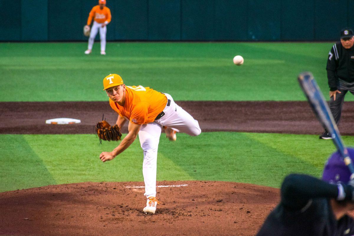 No. 42 Jake Fitzgibbons pitches against JMU at Lindsey Nelson Stadium. Wednesday, Mar 9, 2022.