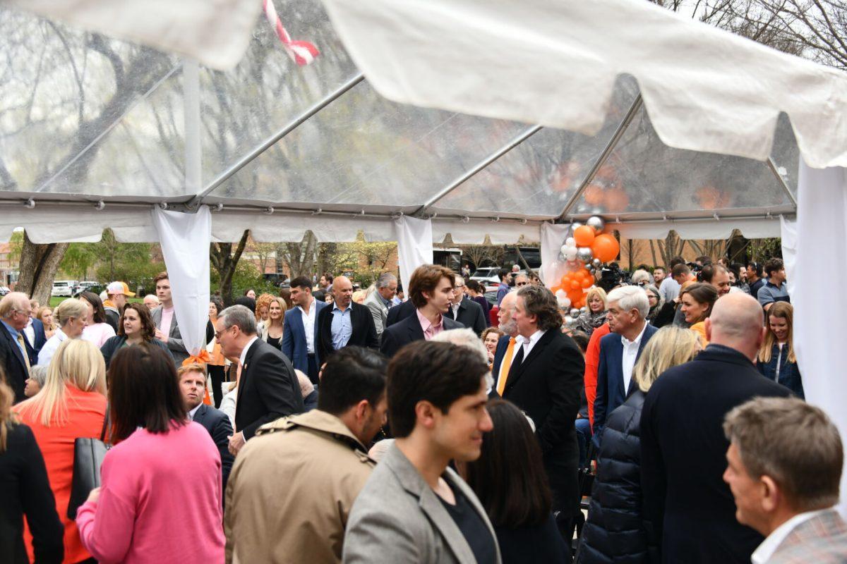 A crowd gathers for the dedication of UT's first named school, the Tombras School of Advertising and Public Relations, on March 25, 2022.