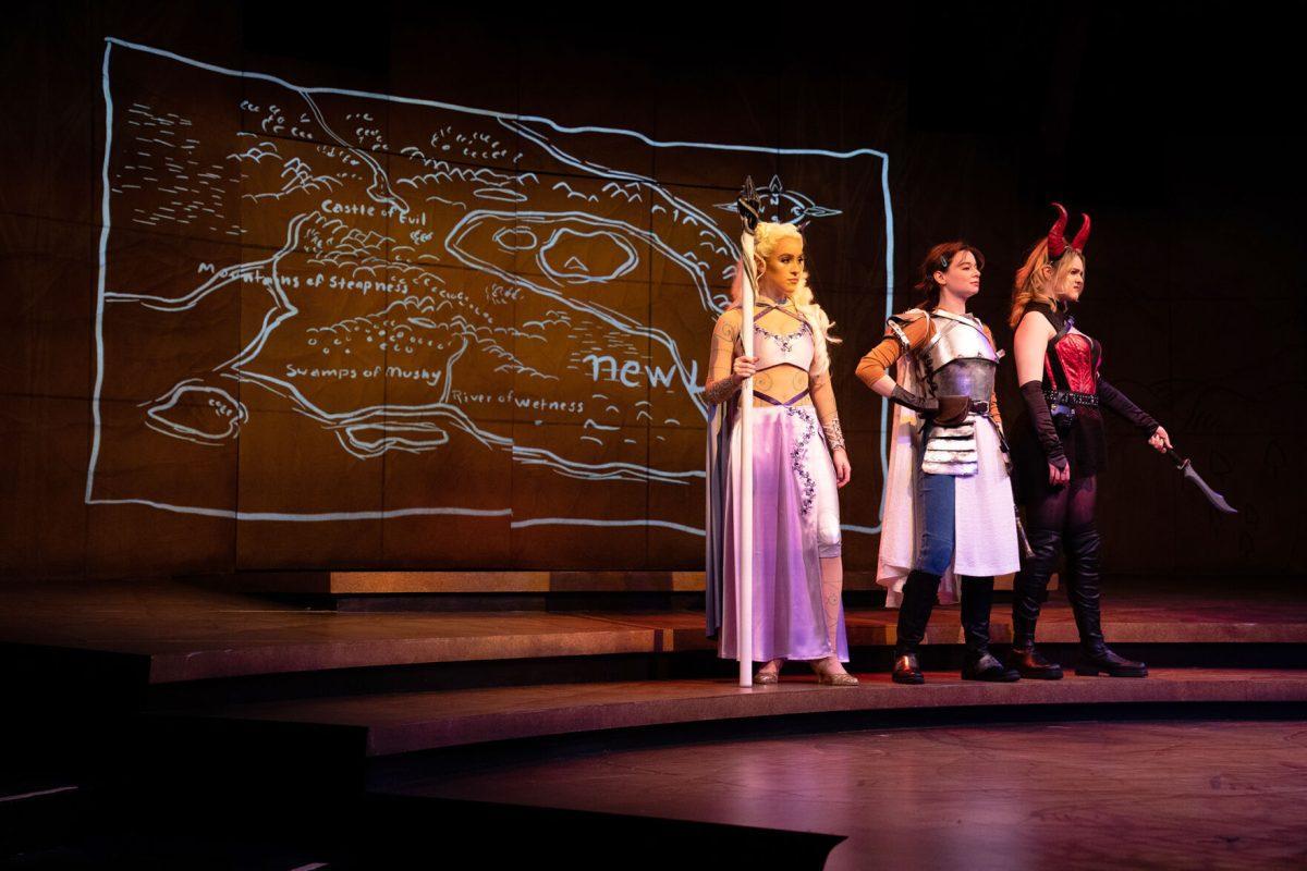 (From left to right) Xitlalli Dawson, Rachel Allion and Gwyneth Doppelt strike a pose on stage during opening night of "She Kills Monsters" on March 23, 2022.