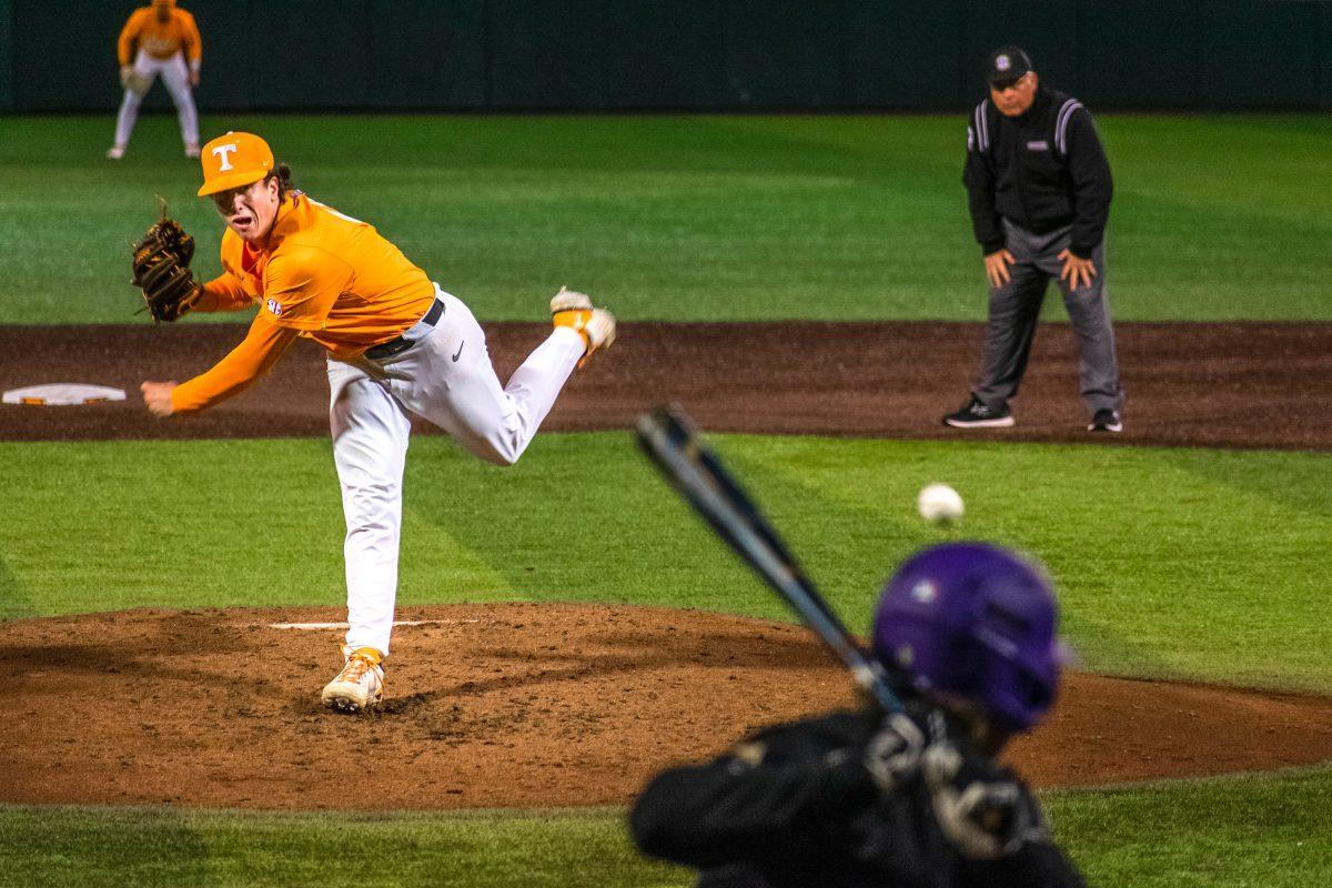 No. 41 Will Mabrey pitches against JMU at Lindsey Nelson Stadium. Wednesday, Mar 9, 2022.