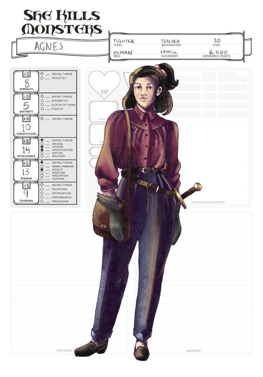 A character sketch for Agnes, the protagonist who explores the world of Dungeons and Dragons in the upcoming CBT play "She Kills Monsters."
