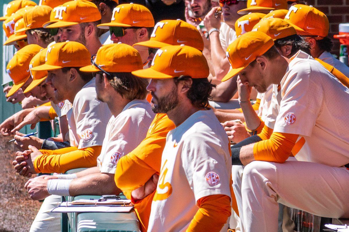 The Vols dugout watching the game against USC at Lindsey Nelson Stadium. Sunday Mar. 20, 2022.