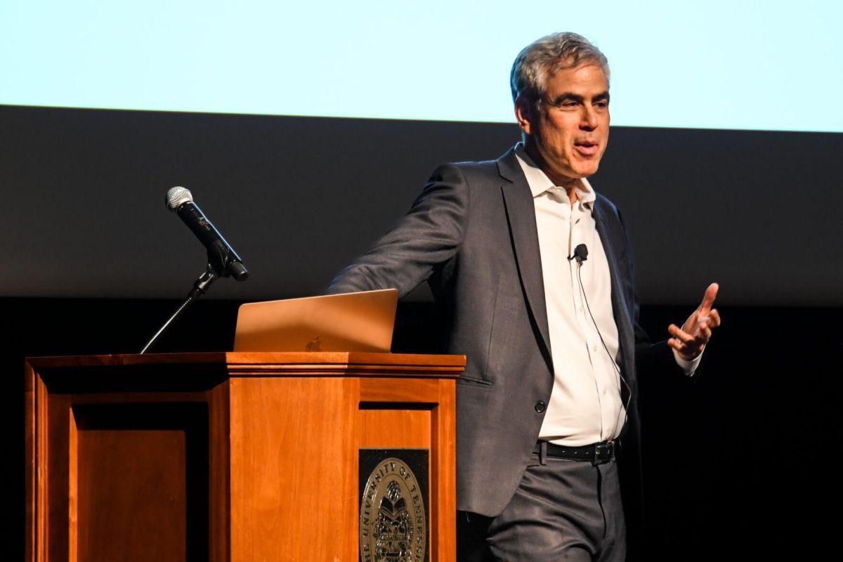 Jonathan Haidt, Thomas Cooley Professor of Ethical Leadership at New York University, discusses the three ideas harming higher education in the Student Union auditorium on March 31, 2022.