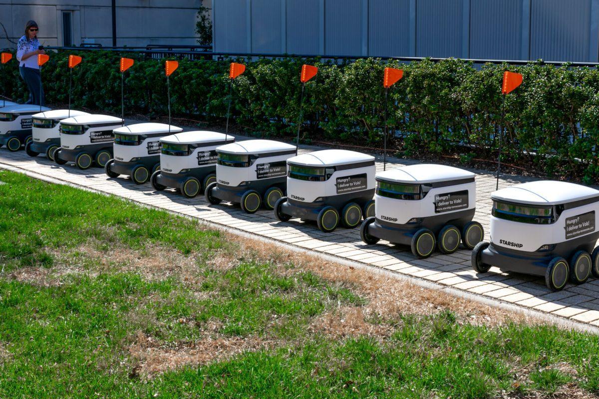Starship Technologies launched its food delivery robot innovation on UT campus, allowing the robots to deliver food and packages to students across campus. Photo taken outside the Student Union square on Thursday Mar. 3, 2022.
