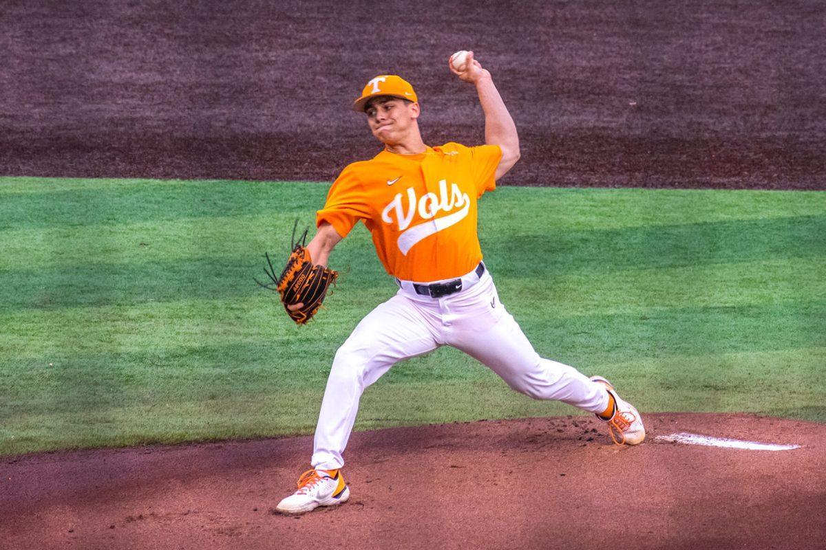 No. 42 Jake Fitzgibbons pitches against JMU at Lindsey Nelson Stadium. Wednesday, Mar 9, 2022.