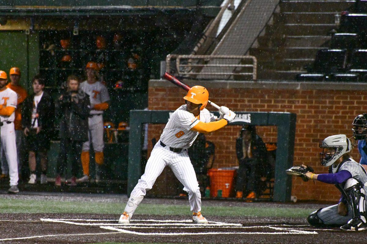 No. 8 Christian Scott batting at Lindsay Nelson Stadium during the game against James Madison University. Tuesday, Mar. 8, 2022.