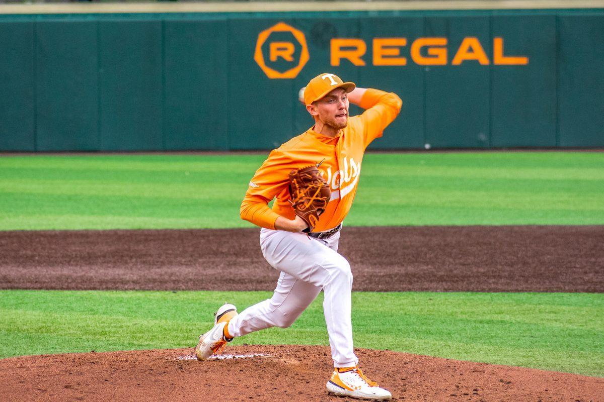 No. 46 Redmond Walsh pitching against JMU at Lindsey Nelson Stadium. Wednesday, Mar 9, 2022.