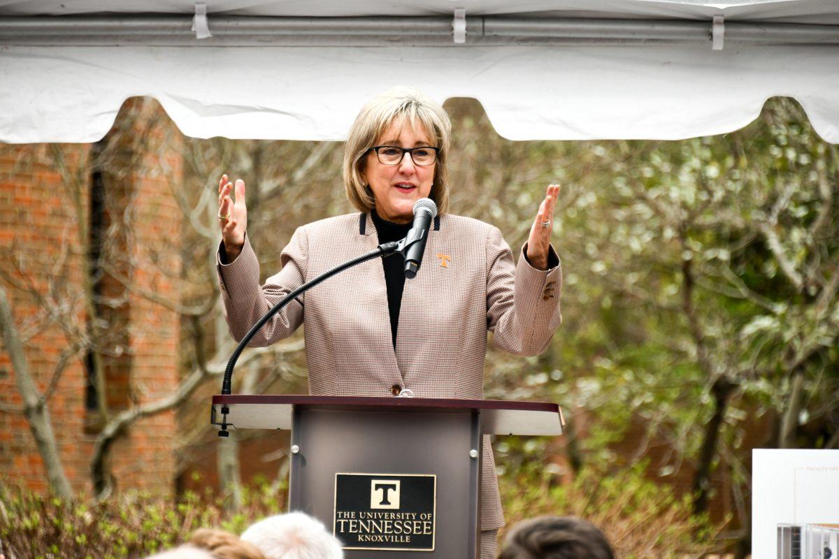 Chancellor Donde Plowman speaks at the dedication of the Tombras School of Advertising and Public Relations in Circle Park on March 25, 2022.