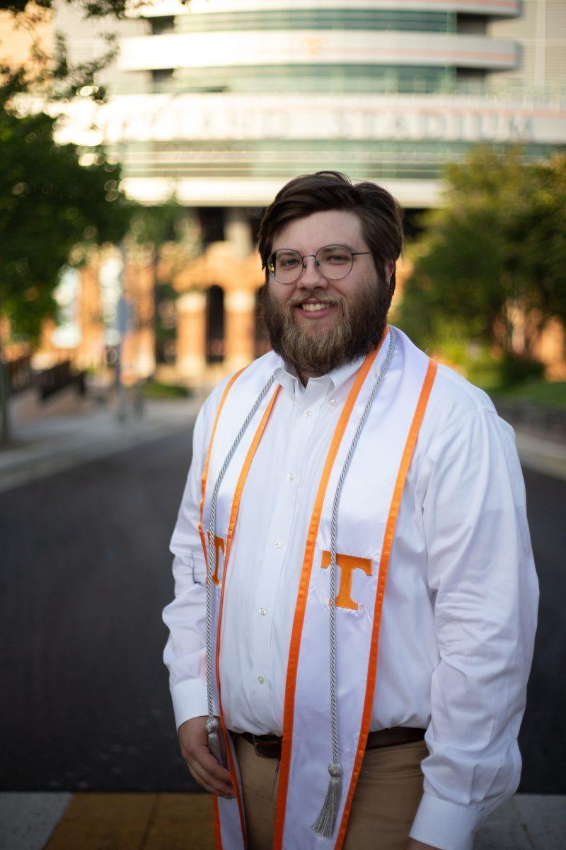 Keenan Thomas, Daily Beacon senior staff writer, in front of Neyland Stadium in May 2022.