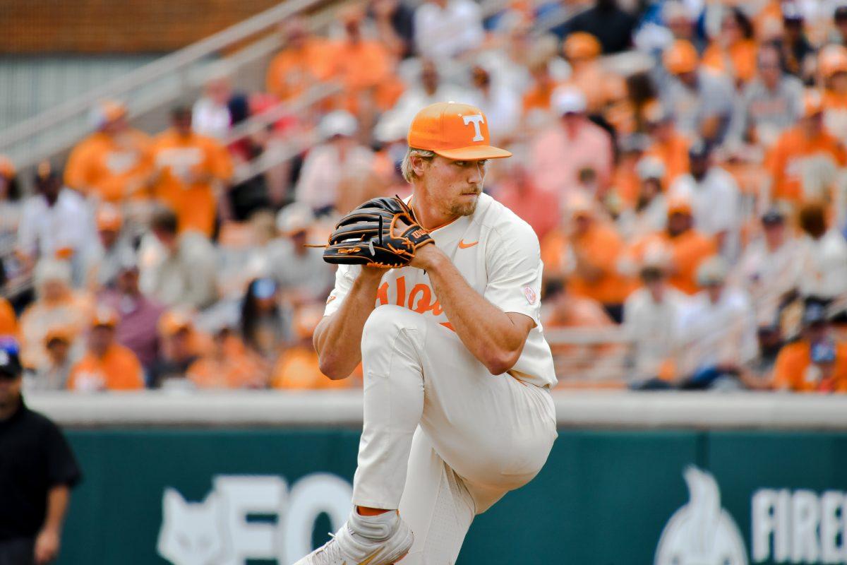 Ben Joyce (44) pitches against Auburn University at Lindsey Nelson Stadium on May 1, 2022.