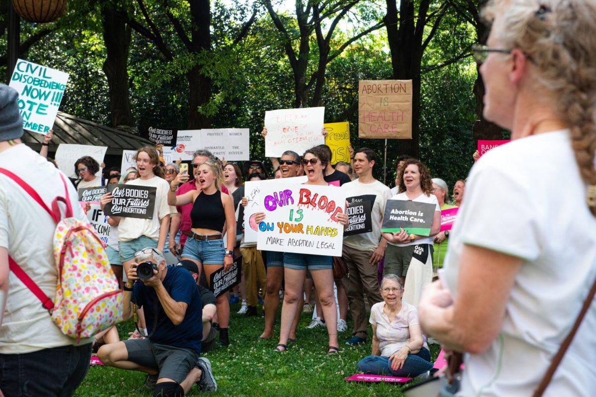 A crowd gathered at Krutch Park and poured into Gay Street to protest the overturning of Roe v. Wade on Friday, June 24, 2022.  