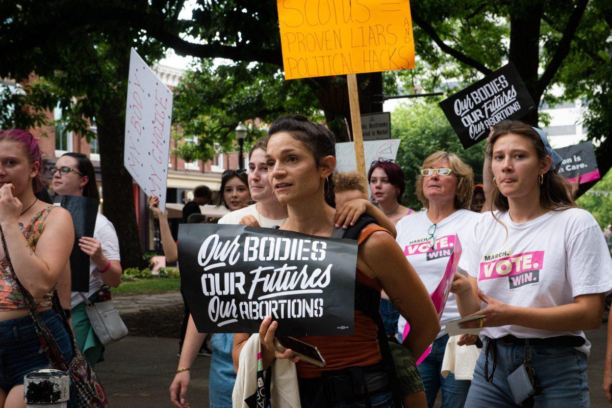 A crowd gathered at Krutch Park and poured into Gay Street to protest the overturning of Roe v. Wade on Friday, June 24, 2022.  
